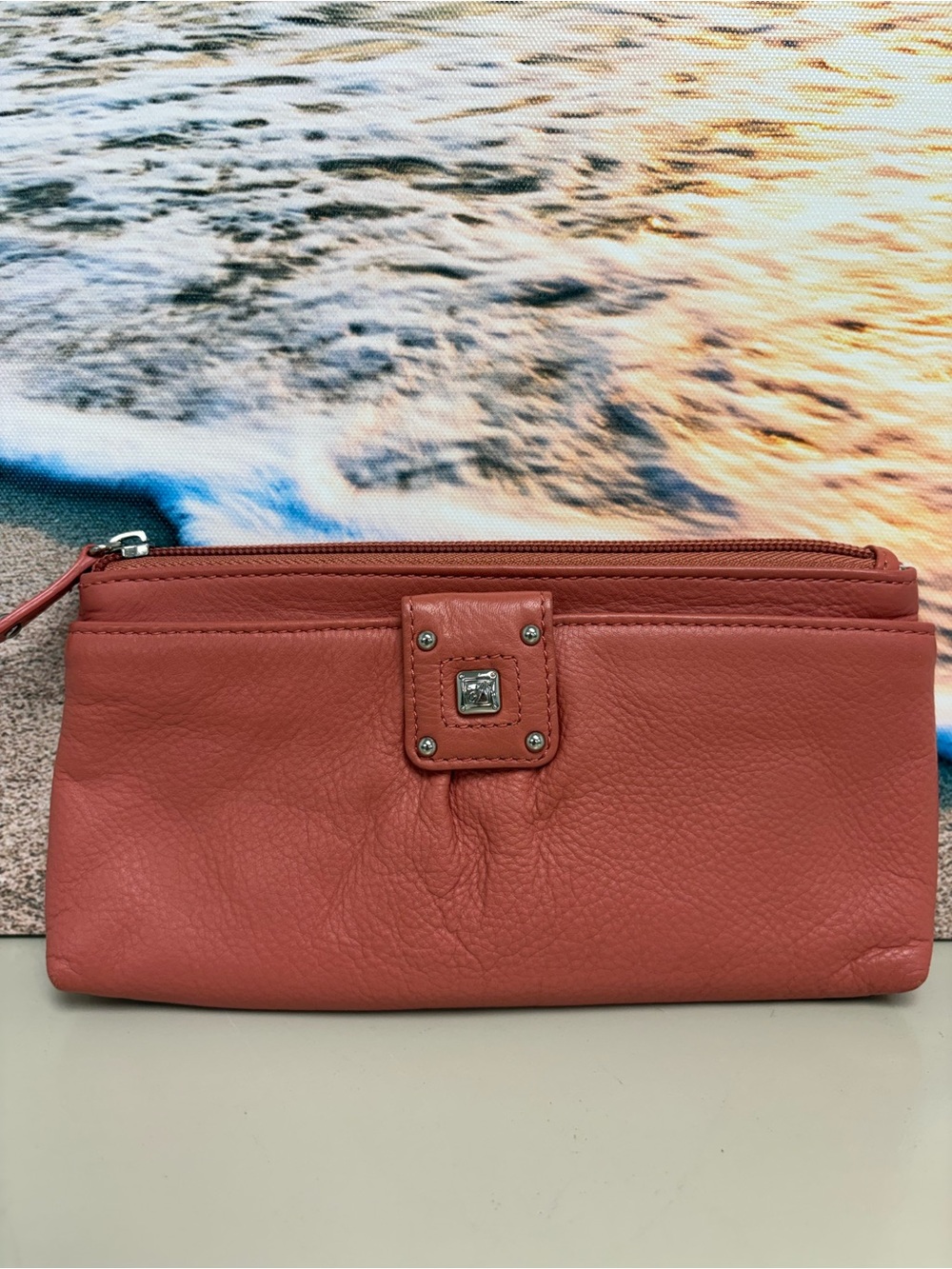 Stone Mountain Coral Pink Pebble Leather Double Zip Clutch Wallet Organizer